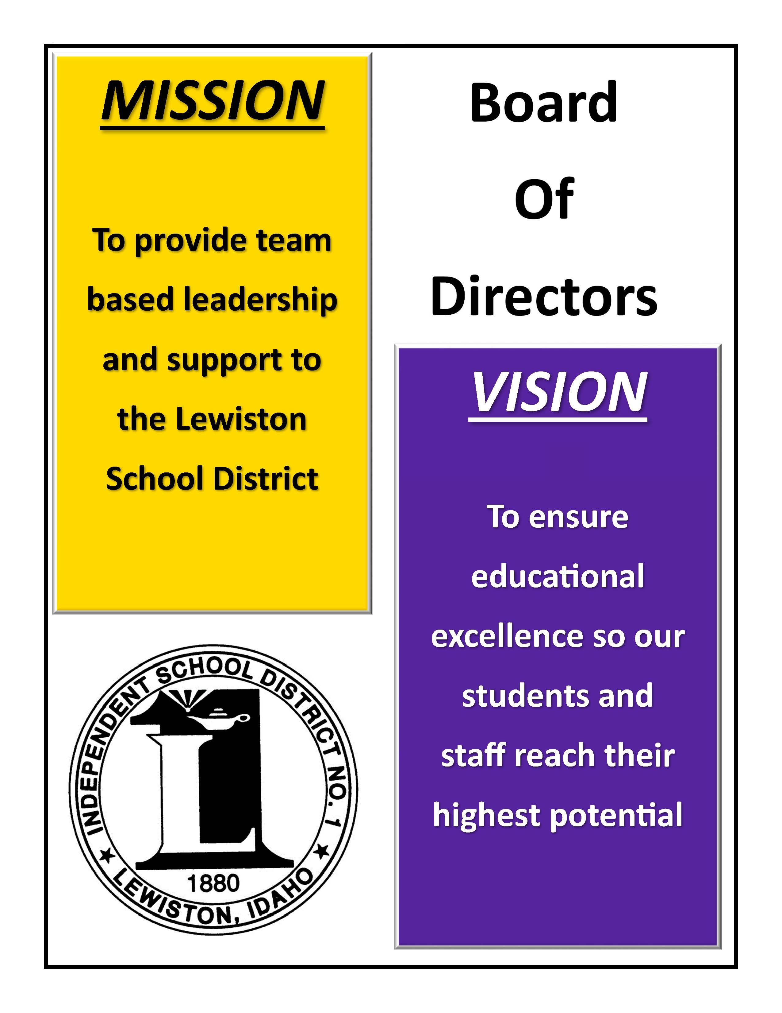 A poster outlining the mission and vision statements of the Board of Directors for Independent School District No. 1, emphasizing team-based leadership and educational excellence.