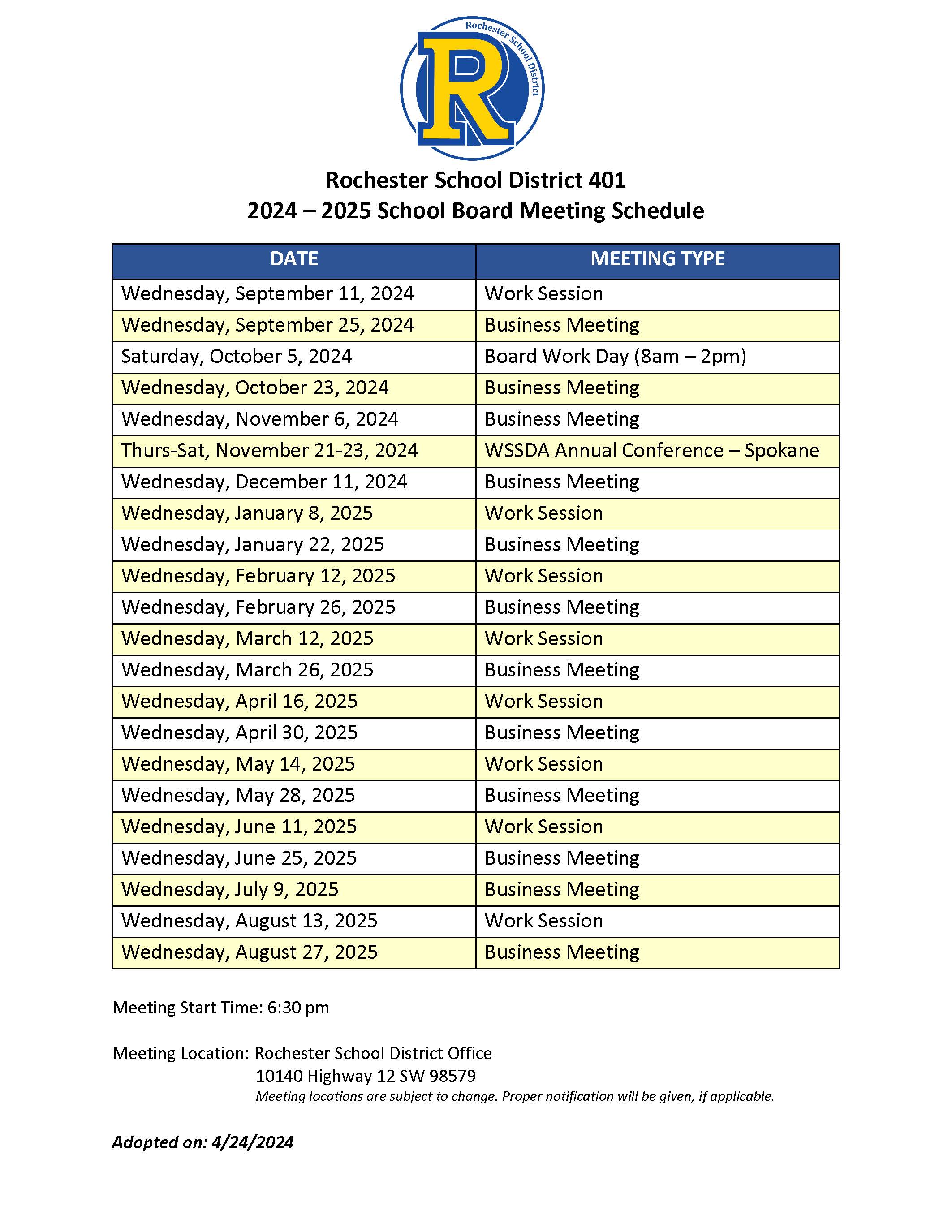 2024-2025 School Board Meeting Schedule - Revised