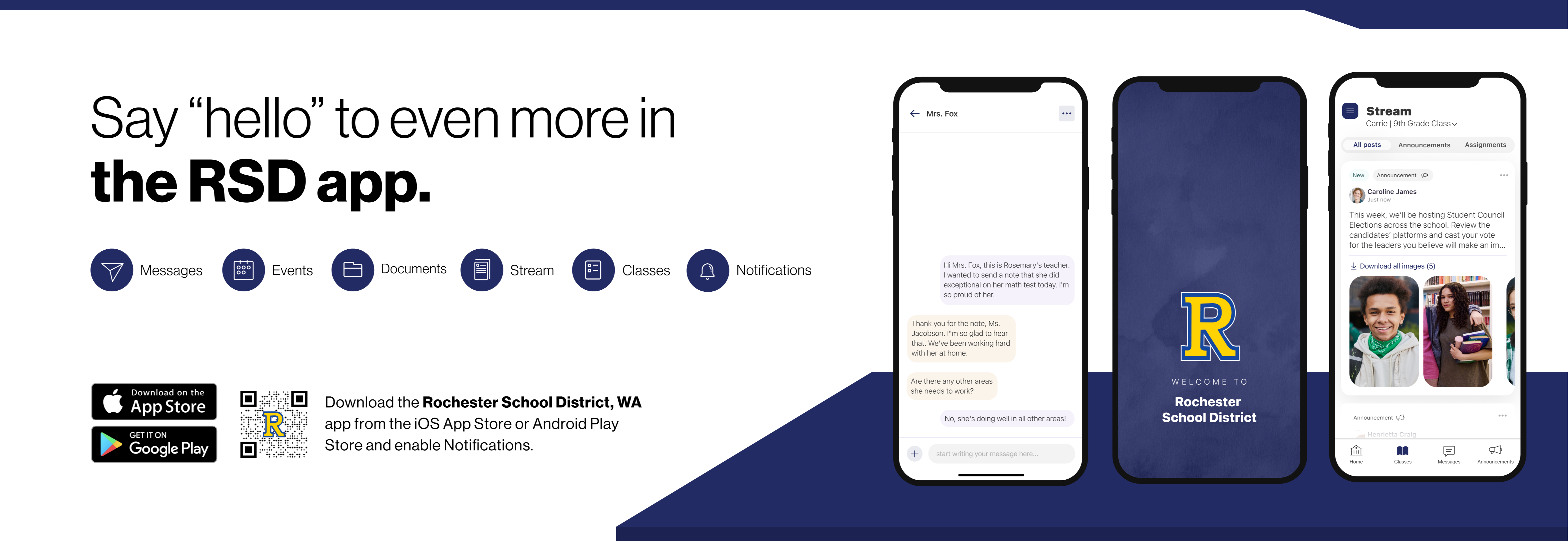 Say hello to Parent-Teacher chat in the new Rooms app. Download the Rochester School District app in the Google Play or Apple App store