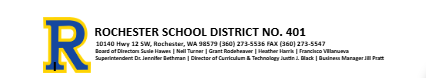 Blue and yellow logo with "R" at the left side. "ROCHESTER SCHOOL DISTRICT NO. 401" and address details below.