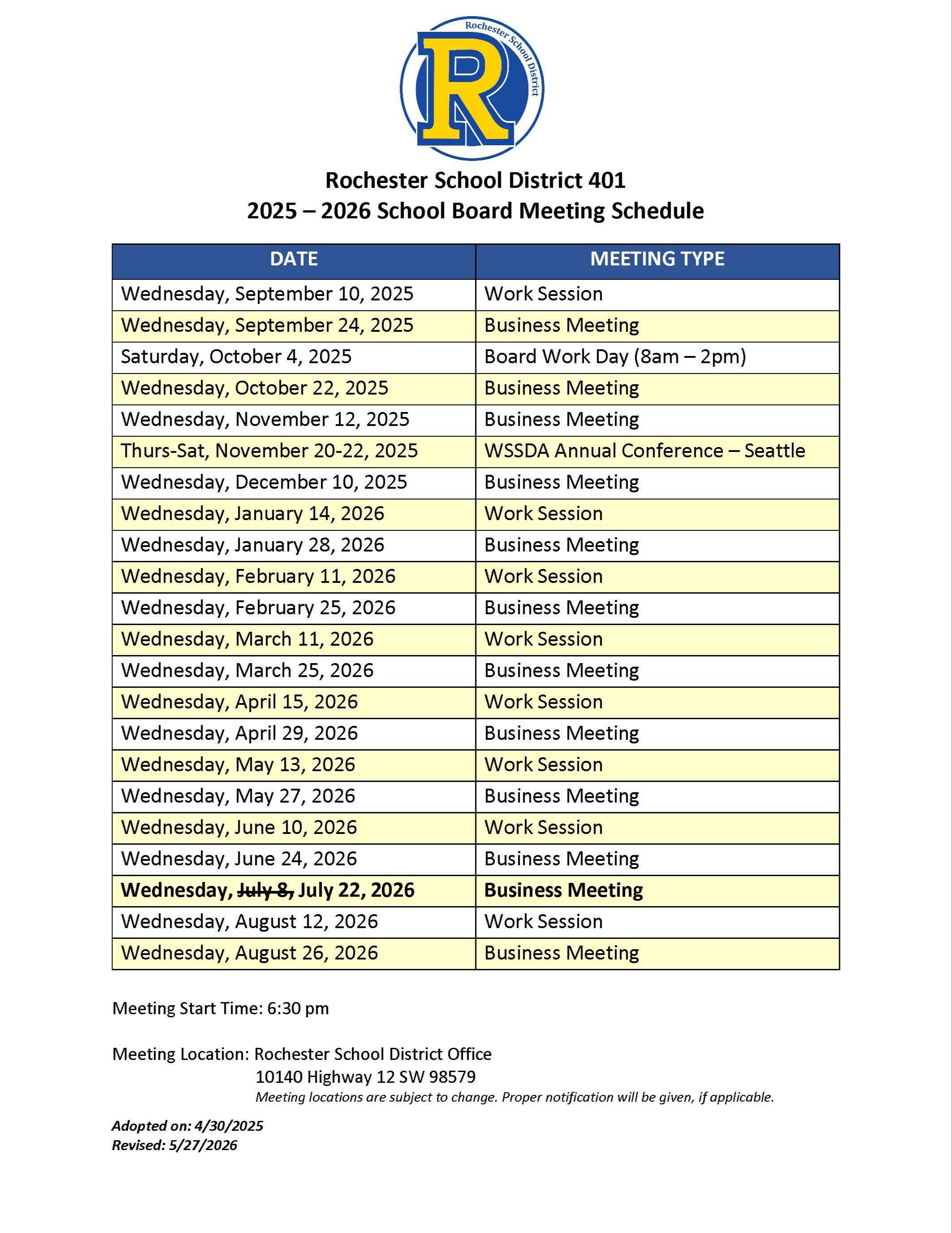 A schedule for Rochester School District 401. Dates are listed from September 10, 2025, to August 26, 2026.