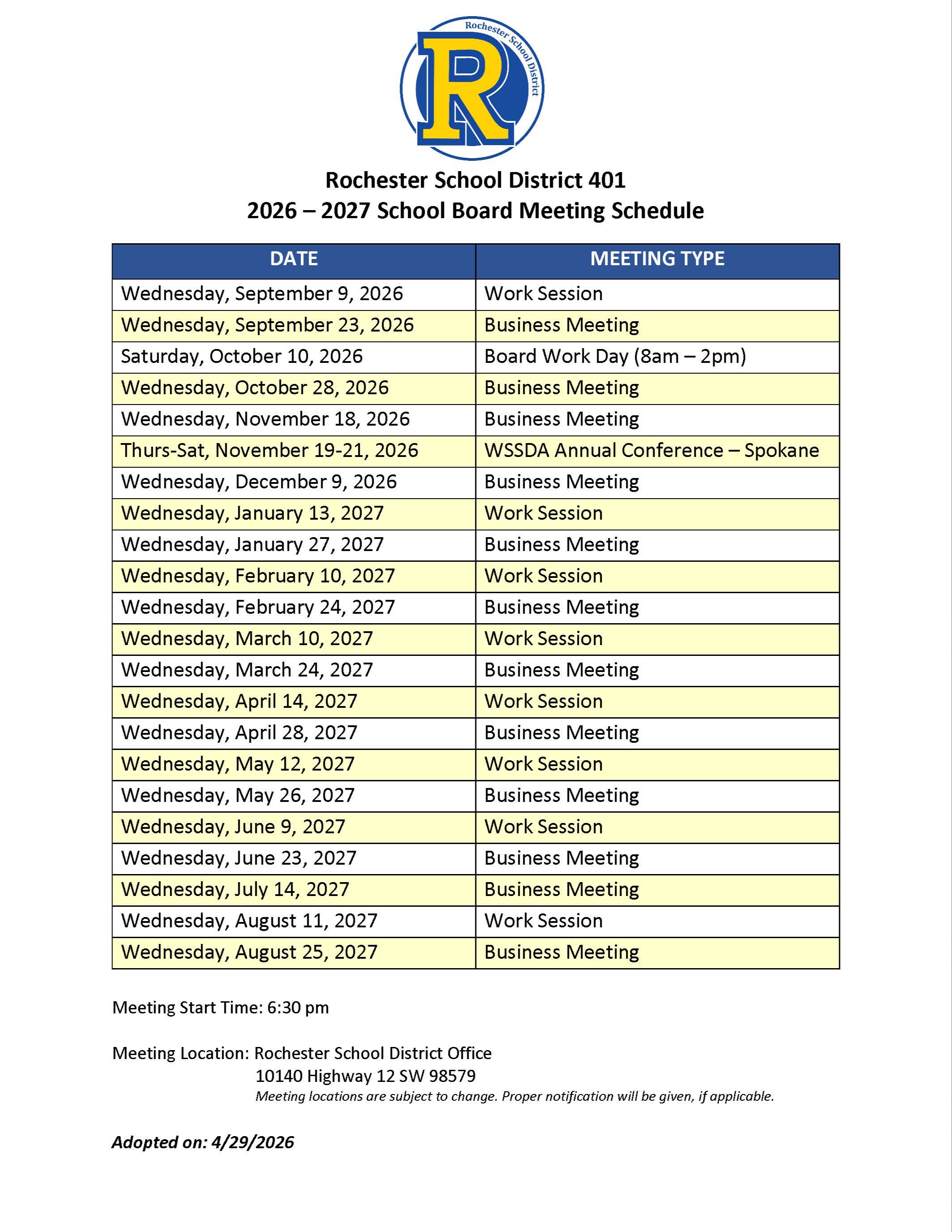 A blue-bordered document displays a table titled "Rochester School District 401 2026-2027 School Board Meeting Schedule." Dates are listed from September 2026 to August 2027, with session types including work and business meetings.