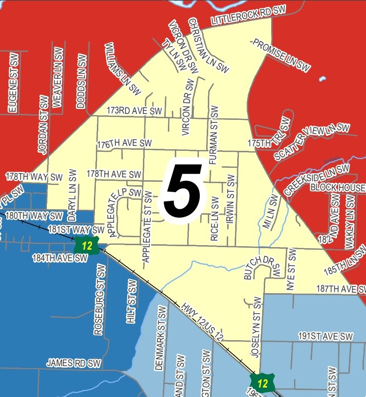 A map with red, yellow, and blue areas and numbers. A white box is at the top left.