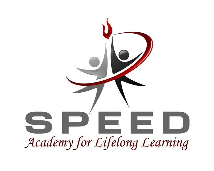 A logo featuring stylized figures in motion, with a flame above and the text 'SPEED Academy for Lifelong Learning' below.