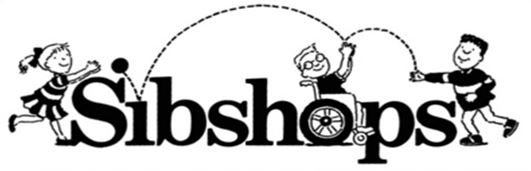 A black and white illustration featuring the word 'Sibshops' with two children playing; one child is jumping rope while another child in a wheelchair is smiling, creating a playful and inclusive atmosphere.