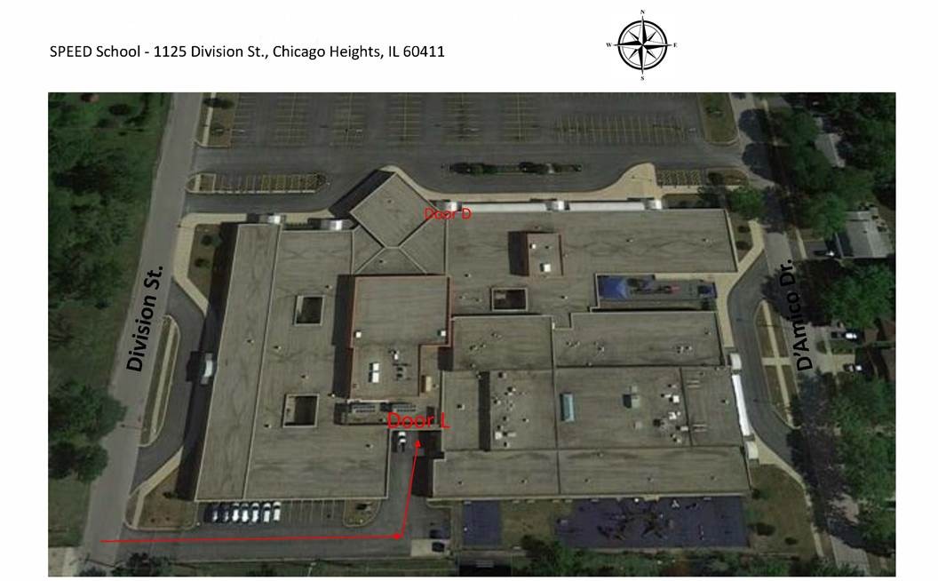 Aerial view of SPEED Building with Door D and Door L labeled.
