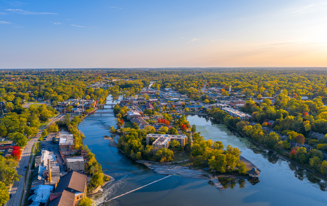 Arial view of Fox River in Batavia