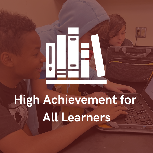 'High Achievement for All Learners with faded background of students on a computer
