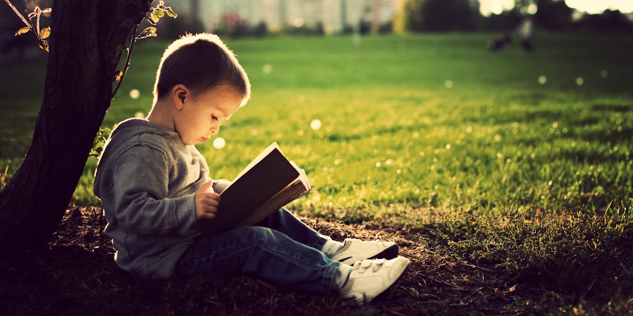 A young child sitting in the grass and reading a book under the sun.
