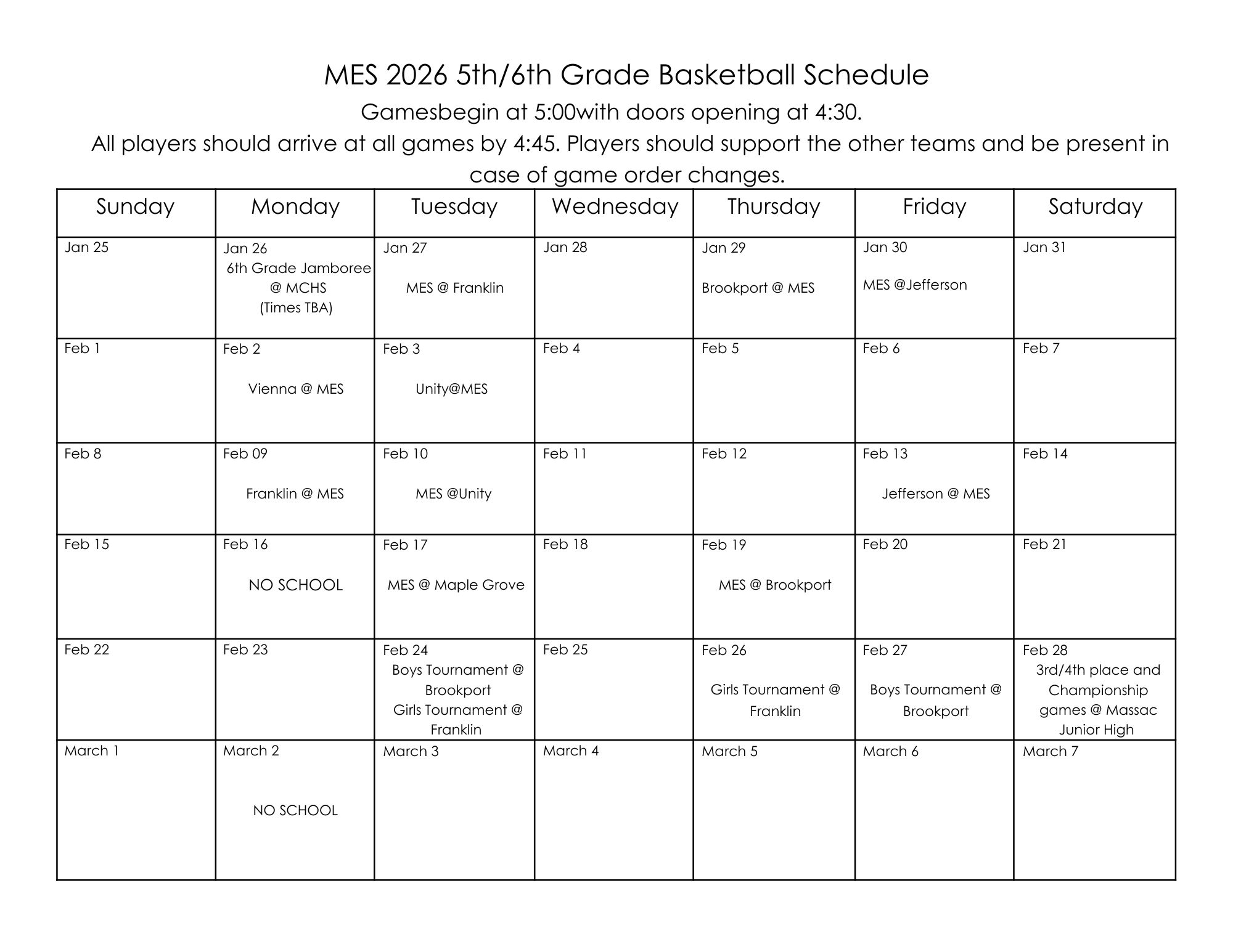 2025/26 Game Schedule