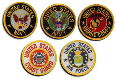 Five embroidered military emblems representing the United States Navy, Army, Marine Corps, Coast Guard, and Air Force.
