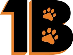 Black and orange graphic featuring the number "1B" with two orange paw prints.