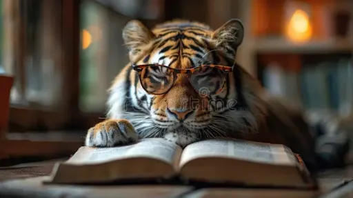 A tiger wearing glasses rests its head on an open book, set in a cozy, warmly lit reading space.