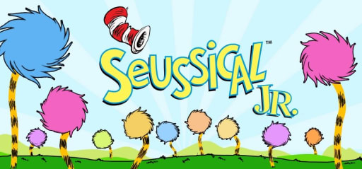 Colorful Dr. Seuss-inspired trees with a whimsical blue sky, featuring the title "Seussical Jr." in playful lettering.