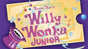 Logo for "Roald Dahl's Willy Wonka Junior," featuring colorful text and a whimsical design with candy and bubbles.