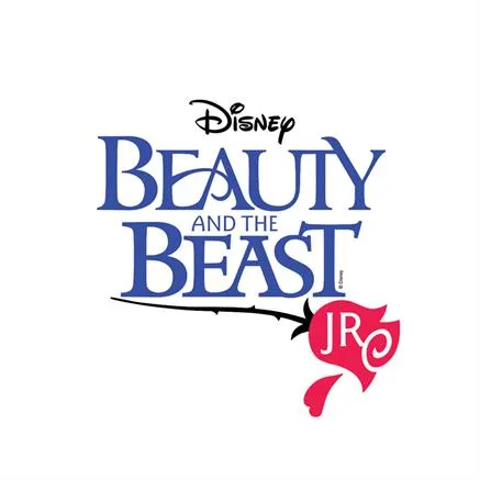 Logo for Disney's "Beauty and the Beast JR," featuring bold blue text with a red rose graphic, representing a youth adaptation of the classic tale.