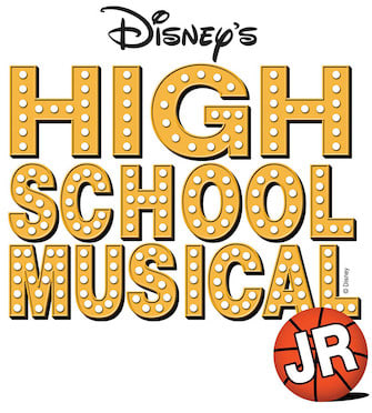 Disney's High School Musical JR logo featuring bold, illuminated lettering with a basketball emblem.