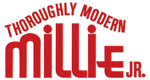 Logo for the musical "Thoroughly Modern Millie Jr." featuring bold red typography with a dynamic arch design.