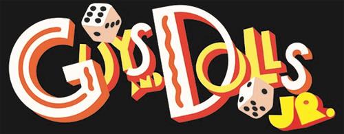Colorful logo of "Guys and Dolls Jr." featuring playful typography and dice, set against a black background.