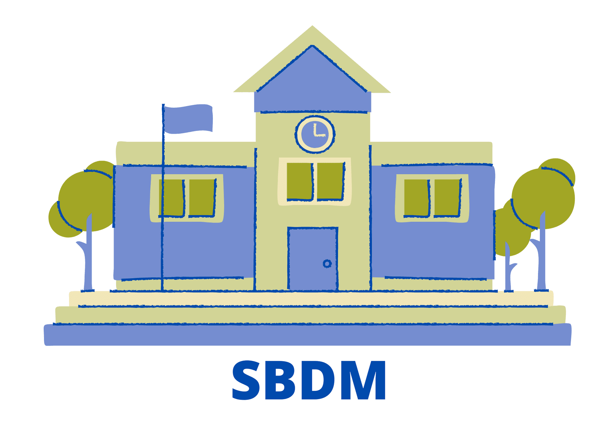 SBDM graphic with a school building