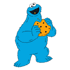 A blue, furry cartoon character with a big smile is holding a large chocolate chip cookie, ready to take a bite.