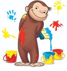 A cartoon monkey with a playful expression is holding a paintbrush and is covered in colorful paint, with paint splatters and buckets of red, yellow, and blue paint around it.
