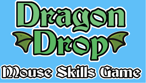 The image features the title 'Dragon Drop' in bold green letters with decorative wings, set against a light blue background, along with the subtitle 'Mouse Skills Game' in a smaller font below.
