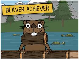 An animated beaver holding logs in its mouth stands in front of a sign that reads 'BEAVER ACHIEVER,' with a serene lake and turtles in the background.