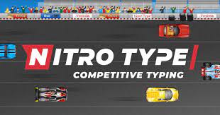 An illustration of a racing game titled 'Nitro Type', featuring colorful cars on a racetrack with the words 'Nitro Type' and 'Competitive Typing' prominently displayed.