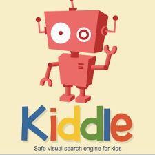 A cartoon robot with large eyes and a friendly expression stands next to the word 'Kiddle' in colorful letters, promoting a safe visual search engine for kids.