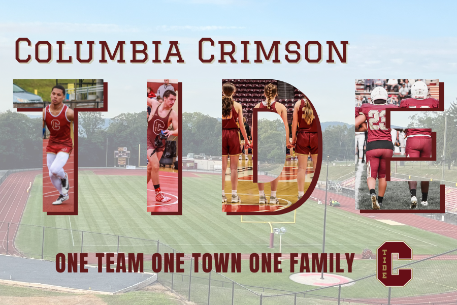 Tide Crimson Tide One Team One Town One Family graphic with faded picture on the the football field in back ground with picture of running in the T picture of wrestler in the I picture of girls backetball in the D picture of football player in the E