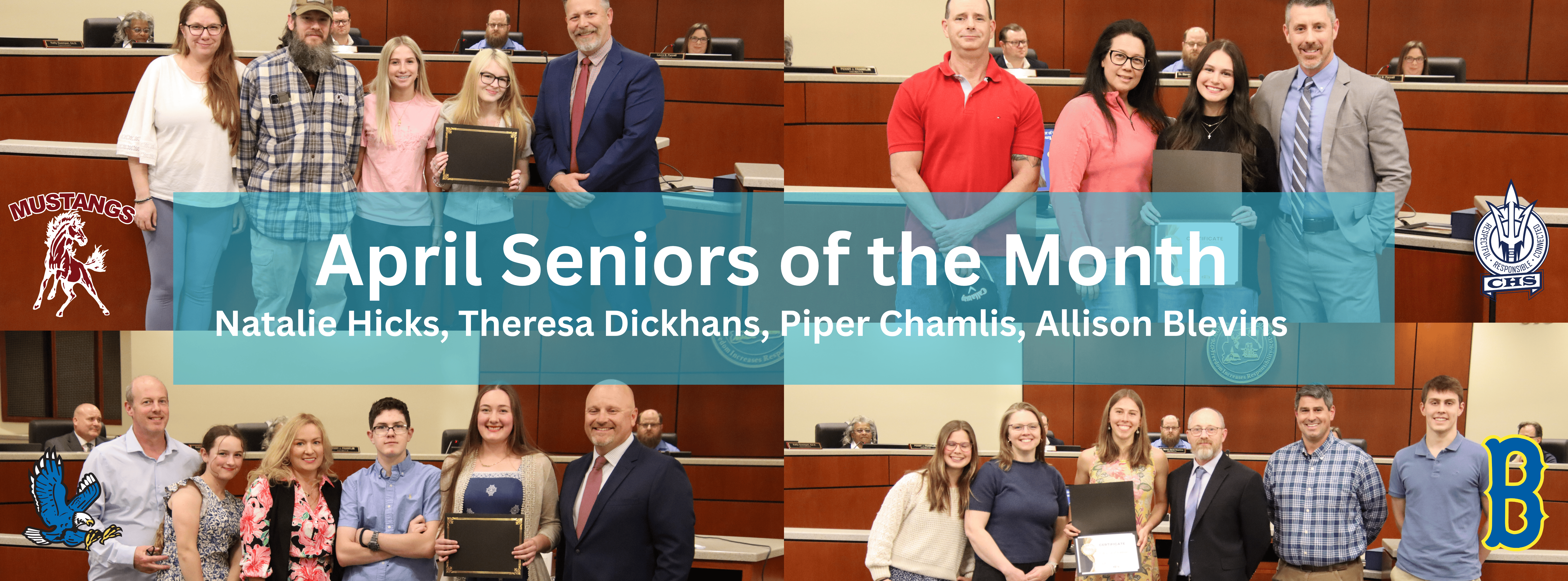 A collage of four photos titled "April Seniors of the Month" featuring Natalie Hicks, Theresa Dickens, Piper Chamlis, and Allison Blevins. Each of the four panels shows a student holding an award certificate while standing with family members and school officials in front of a wooden dais. School mascots (a mustang, a trident, an eagle, and a blue letter B) are displayed in the corners of the collage.