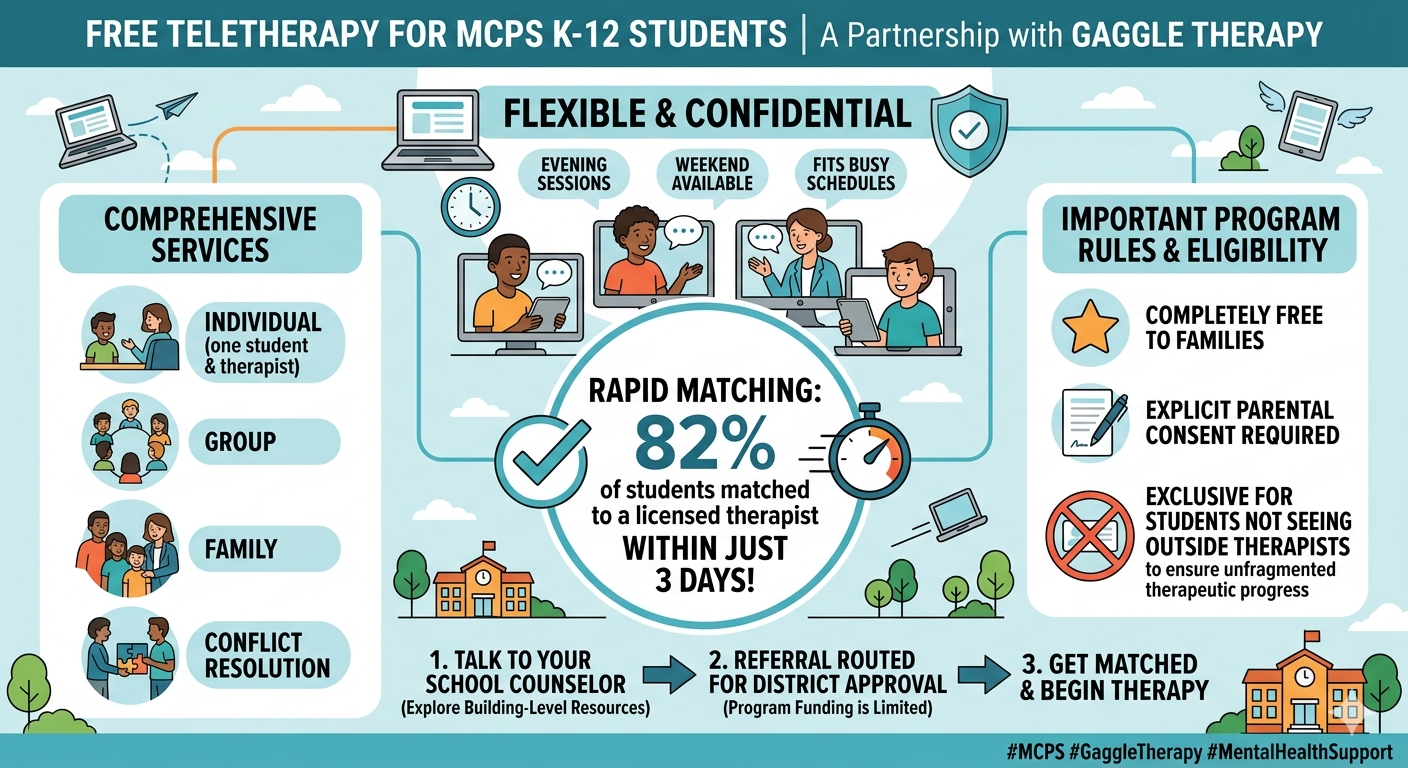 An informational infographic for free teletherapy for MCPS K-12 students in partnership with Gaggle Therapy. It highlights "Flexible & Confidential" options with evening/weekend sessions. Comprehensive services include: Individual Group Family Conflict Resolution A central stat notes a 82% rapid matching rate with a licensed therapist within 3 days. Rules include: Completely free Parental consent required Exclusive for students not seeing outside therapists The 3-step process is: Talk to your school counselor Referral routed for district approval Get matched & begin therapy