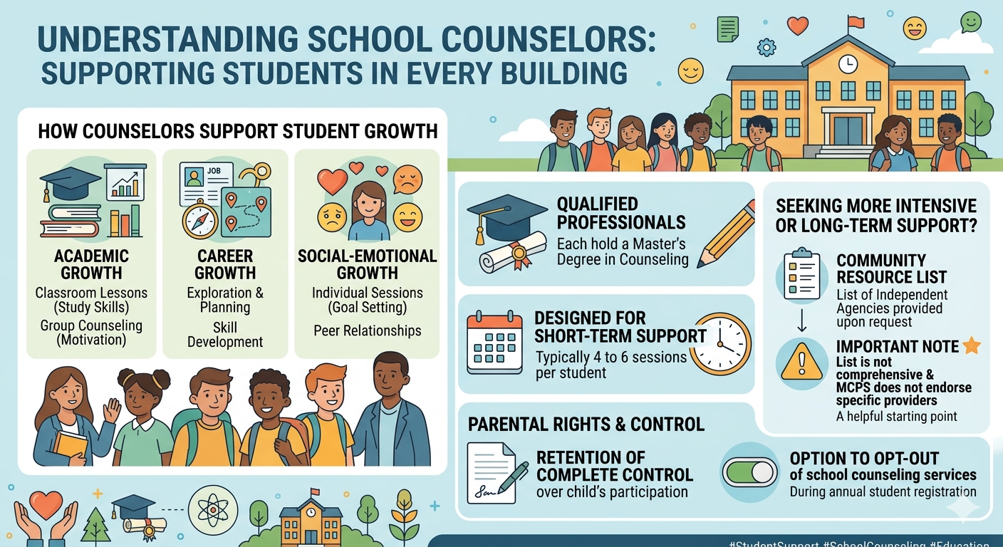 An educational infographic titled "Understanding School Counselors: Supporting Students in Every Building." It details How Counselors Support Student Growth across three areas: Academic Growth: Classroom lessons (study skills) and group counseling (motivation). Career Growth: Exploration, planning, and skill development. Social-Emotional Growth: Individual sessions (goal setting) and peer relationships. Key Program Details: Qualified Professionals: Each holds a Master's Degree in Counseling. Designed for Short-Term Support: Typically 4 to 6 sessions per student. Parental Rights & Control: Parents retain complete control over participation, with an option to opt-out during annual registration. Seeking More Intensive Support? Community Resource List: A list of independent agencies is available upon request. Important Note: The list is not comprehensive, MCPS does not endorse specific providers, and it serves as a helpful starting point.