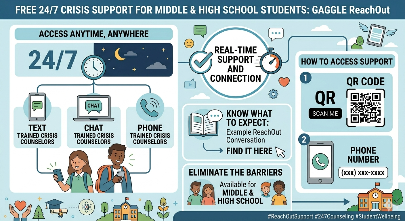 An informational infographic titled "Free 24/7 Crisis Support for Middle & High School Students: GAGGLE ReachOut." Access Anytime, Anywhere: 24/7 Support: Highlights round-the-clock real-time support and connection. Three Contact Methods: * Text with trained crisis counselors. Chat with trained crisis counselors. Phone with trained crisis counselors. Key Program Information: Know What to Expect: Prompts users to view an "Example ReachOut Conversation" by clicking a link. Eliminate the Barriers: Explicitly notes that this service is available for Middle & High School students. How to Access Support: QR Code: A scannable QR code labeled "Scan Me." Phone Number: A placeholder field displaying