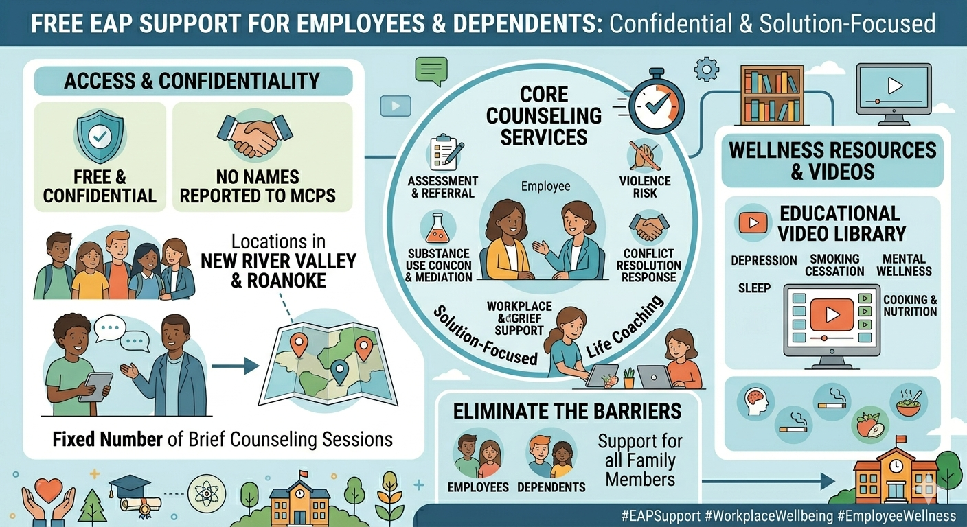 An informational infographic titled "Free EAP Support for Employees & Dependents: Confidential & Solution-Focused." Access & Confidentiality: Free & Confidential: Services are completely free of charge. No Names Reported to MCPS: User anonymity is protected. Locations: Available in the New River Valley & Roanoke. Offers a Fixed Number of Brief Counseling Sessions. Core Counseling Services: A central circle highlights solution-focused services for employees, including: Assessment & Referral Substance Use Concerns & Mediation Workplace & Grief Support Violence Risk Conflict Resolution Response Life Coaching Eliminate the Barriers: Highlights support is provided for both Employees & Dependents (all family members). Wellness Resources & Videos: Features an Educational Video Library covering topics such as: Depression Sleep Smoking Cessation Mental Wellness Cooking & Nutrition