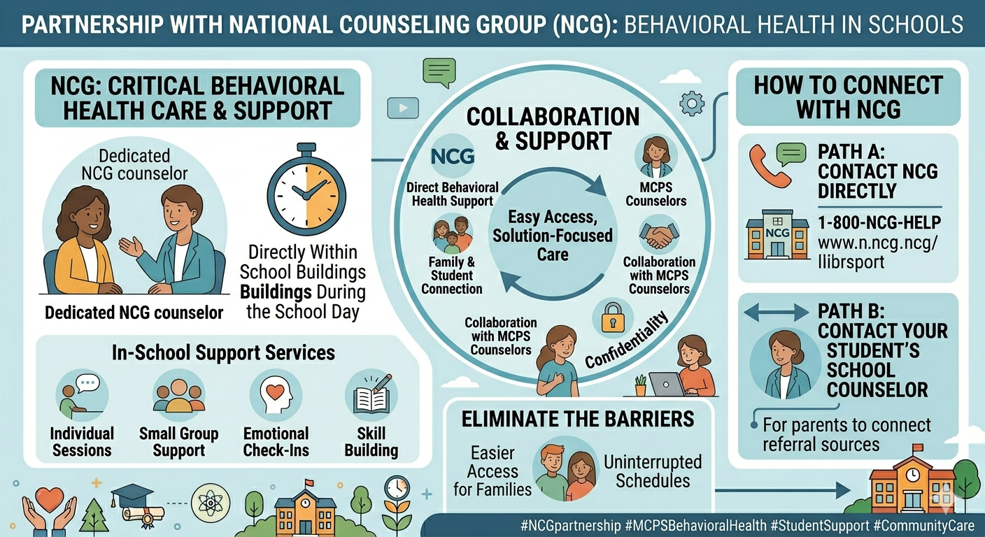 An informational infographic titled "Partnership with National Counseling Group (NCG): Behavioral Health in Schools." NCG: Critical Behavioral Health Care & Support Services are provided by a Dedicated NCG counselor directly within school buildings during the school day. In-School Support Services: Includes individual sessions, small group support, emotional check-ins, and skill building. Collaboration & Support: A central circle highlights "Easy Access, Solution-Focused Care" through: Direct behavioral health support Family & student connection Collaboration with MCPS counselors Confidentiality Eliminate the Barriers: Focuses on providing Easier Access for Families and Uninterrupted Schedules. How to Connect with NCG: Path A: Contact NCG Directly: Call 1-800-NCG-HELP or visit www.n.ncg.ncg/llibrsport. Path B: Contact Your Student's School Counselor: For parents to connect through referral sources.