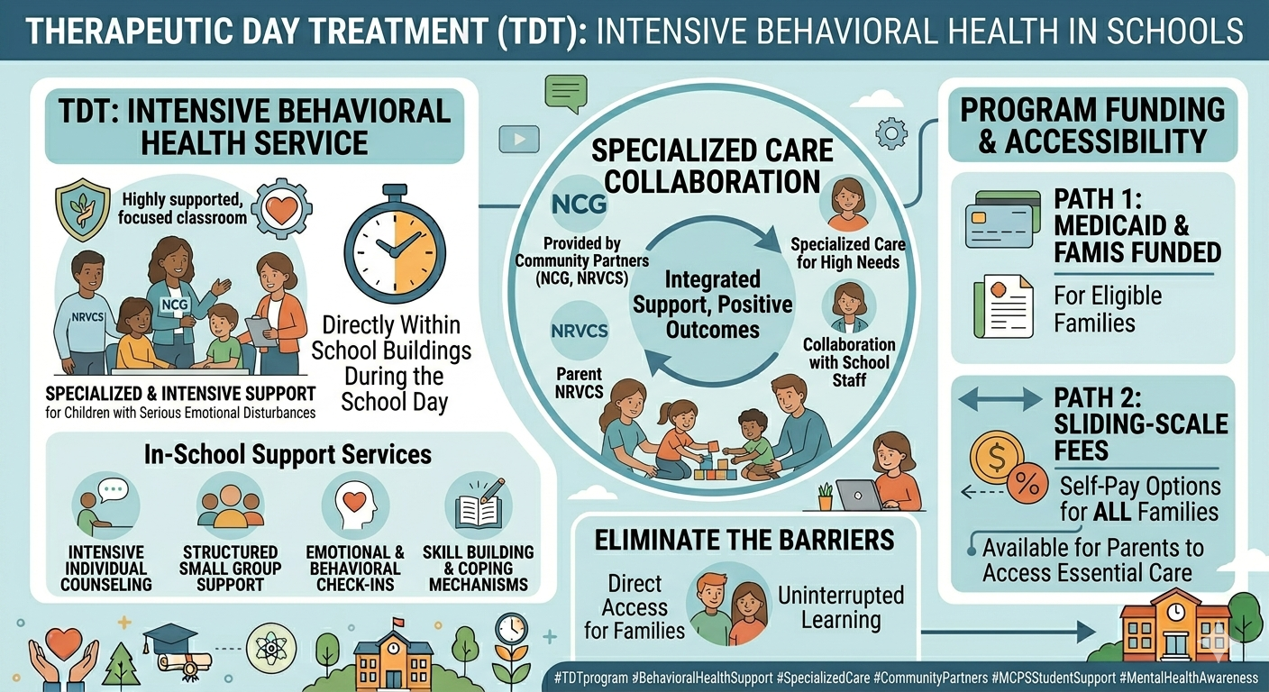 Offers Specialized & Intensive Support for children with serious emotional disturbances in a highly supported, focused classroom. Services are delivered directly within school buildings during the school day. In-School Support Services: Includes intensive individual counseling, structured small group support, emotional & behavioral check-ins, and skill building & coping mechanisms. Specialized Care Collaboration: A central circle outlines an "Integrated Support, Positive Outcomes" approach involving: Community partners like NCG and NRVCS. Specialized care for high needs. Collaboration with school staff and parents. Eliminate the Barriers: Emphasizes providing Direct Access for Families and ensuring Uninterrupted Learning. Program Funding & Accessibility: Path 1: Medicaid & FAMIS Funded: For eligible families. Path 2: Sliding-Scale Fees: Self-pay options for ALL families, making essential care accessible to parents.