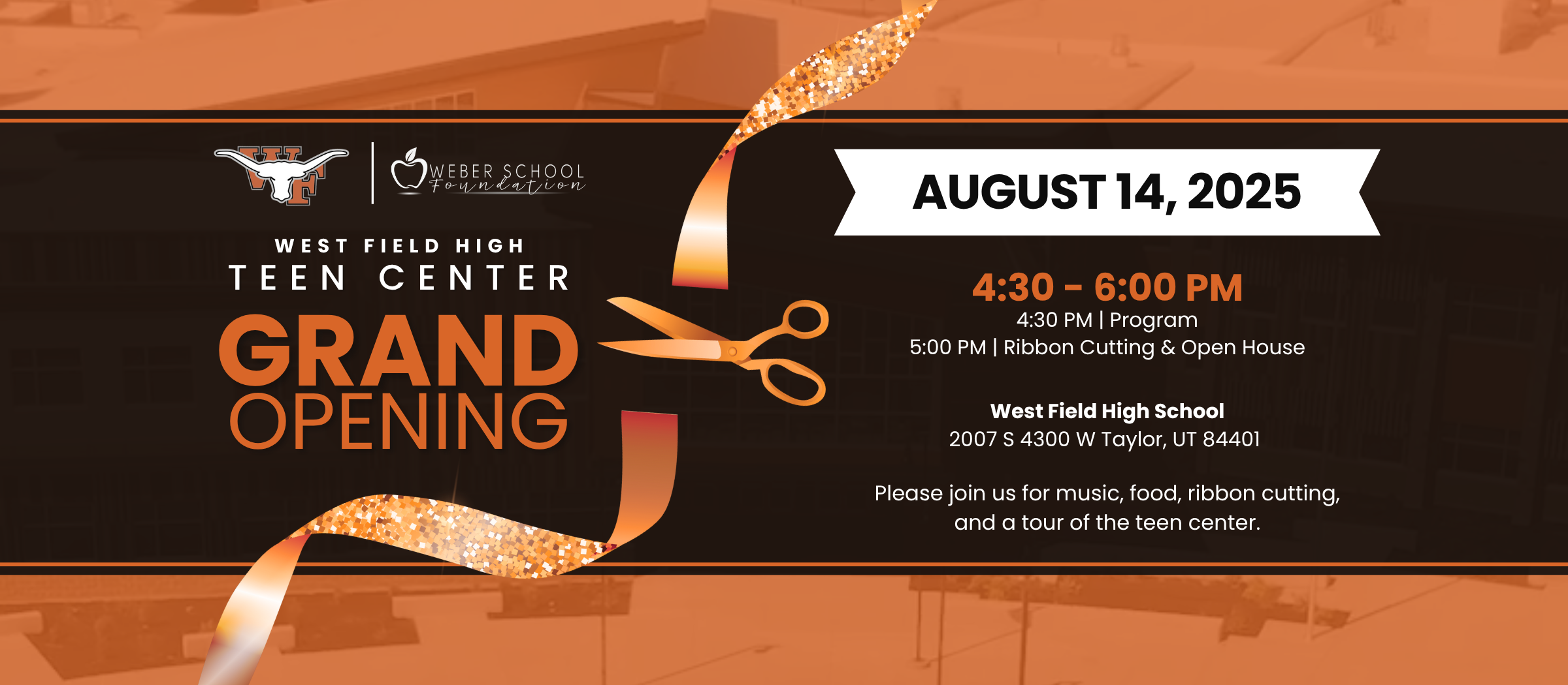 West Field Teen Center grand opening on August 14th, 2025 at 4:30pm