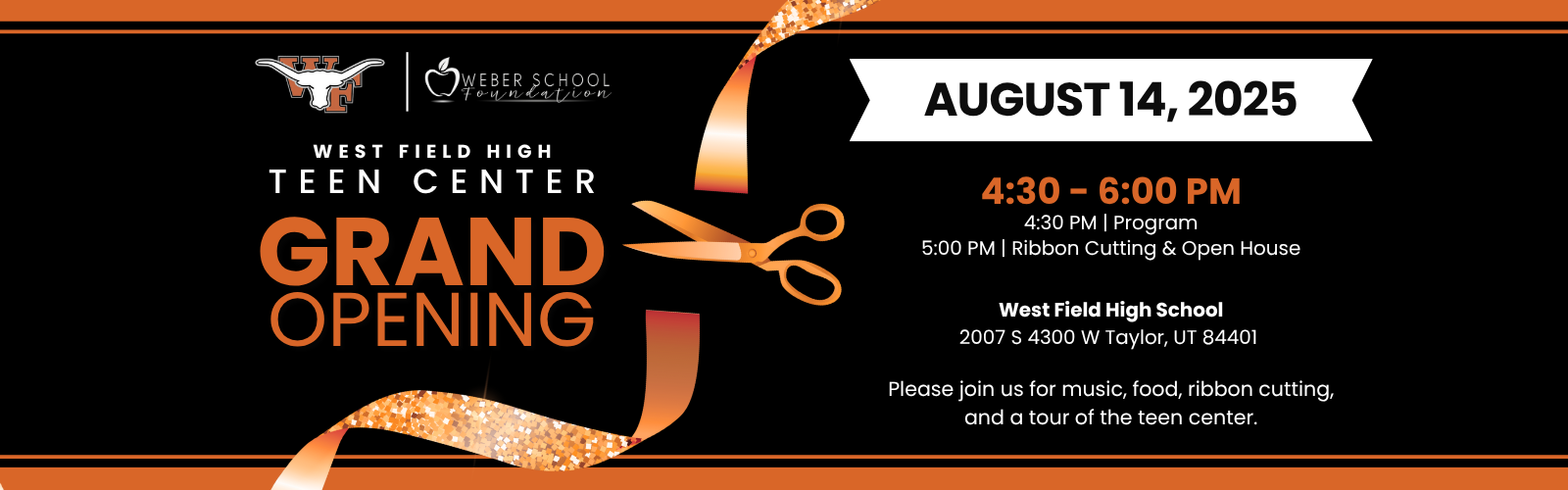 West Field Teen Center grand opening on August 14th, 2025 at 4:30pm