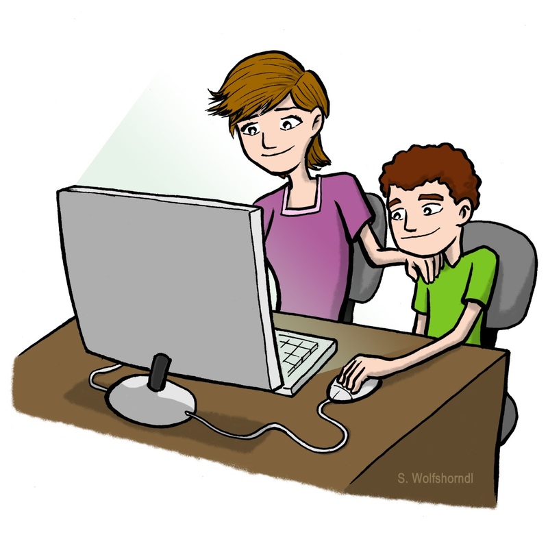 A woman and a child are sitting at a desk, looking at a computer screen together, with the woman guiding the child as he uses the mouse.