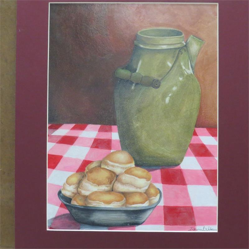 A still life painting featuring a green jug and a plate of round, golden-brown biscuits on a red and white checkered tablecloth.