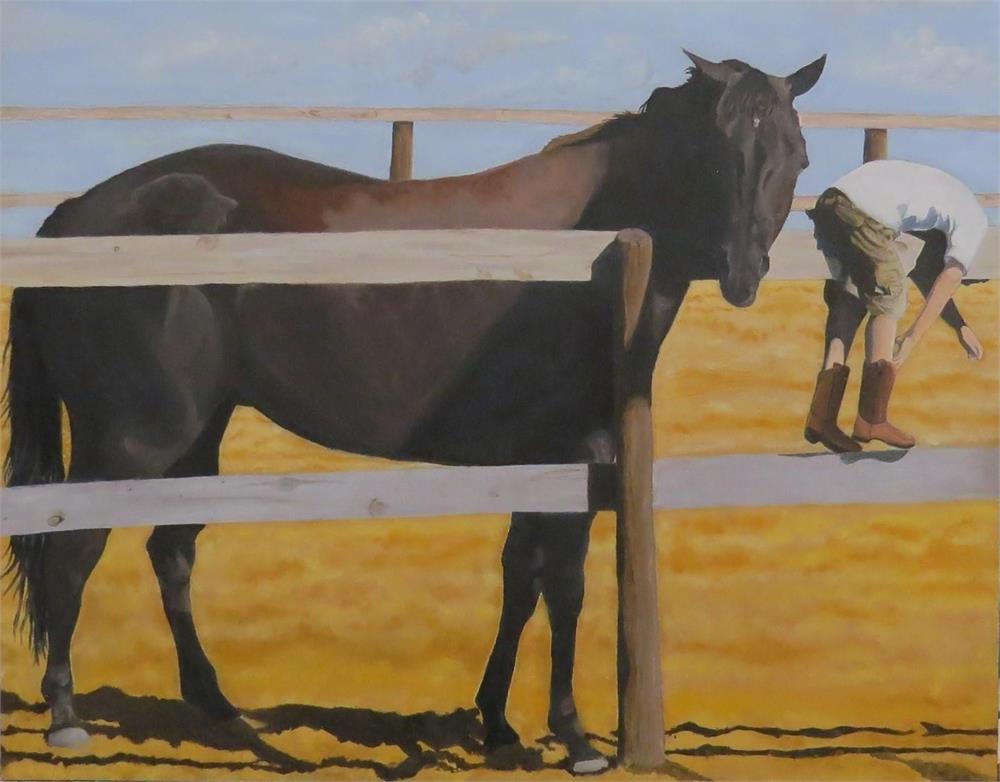 A black horse stands near a wooden fence while a person in riding boots leans over the fence, set against a golden field under a blue sky.