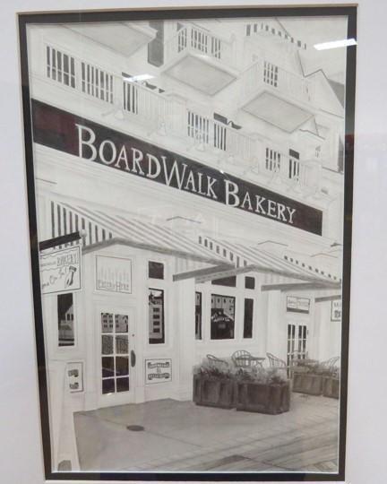 A detailed illustration of the exterior of BoardWalk Bakery, featuring a sign with the bakery's name and a welcoming entrance with outdoor seating.