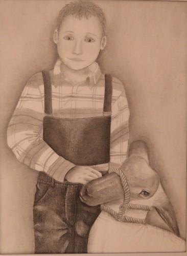 A pencil drawing of a young boy wearing a plaid shirt and overalls, standing beside a sheep, with a neutral background.