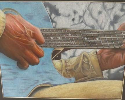 A close-up of two hands playing a blue acoustic guitar, with detailed textures on the skin and the instrument.