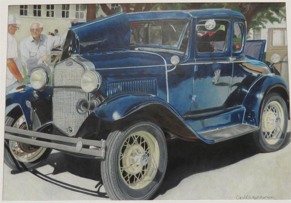 A vintage blue coupe car parked, showcasing its classic design and shiny chrome details, with two people visible in the background.