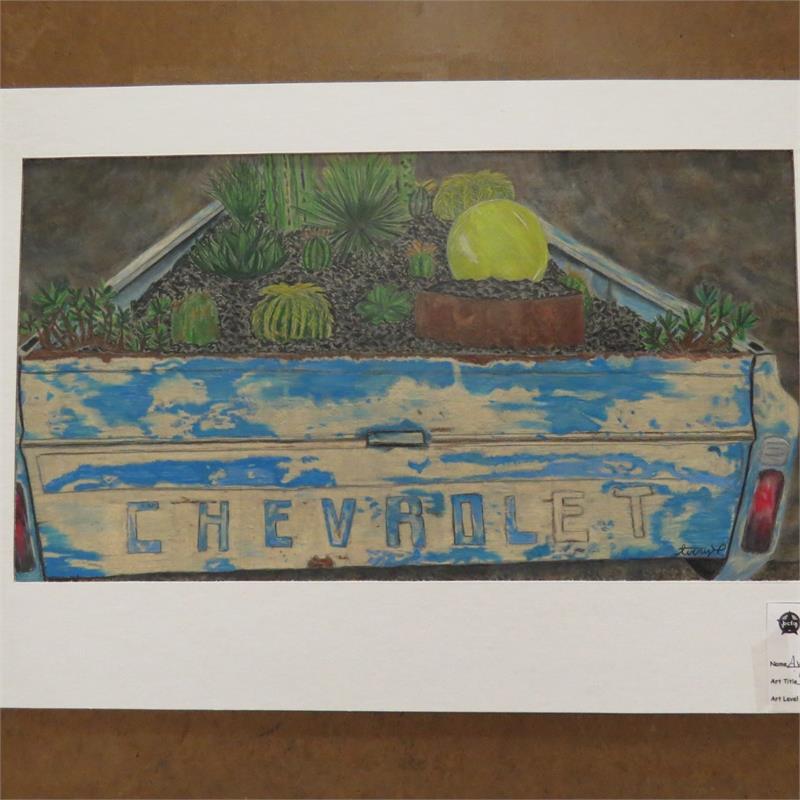 A colorful illustration of a vintage Chevrolet truck bed filled with various succulents and a yellow decorative ball, showcasing a rustic and vibrant garden scene.