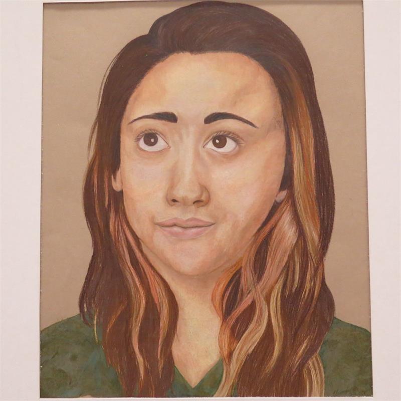 A painted portrait of a woman with long, wavy hair and a neutral expression, wearing a green top.