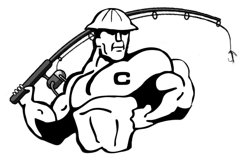 A muscular cartoon character wearing a hard hat and holding a fishing rod with a hook, featuring a prominent letter 'C' on his chest.